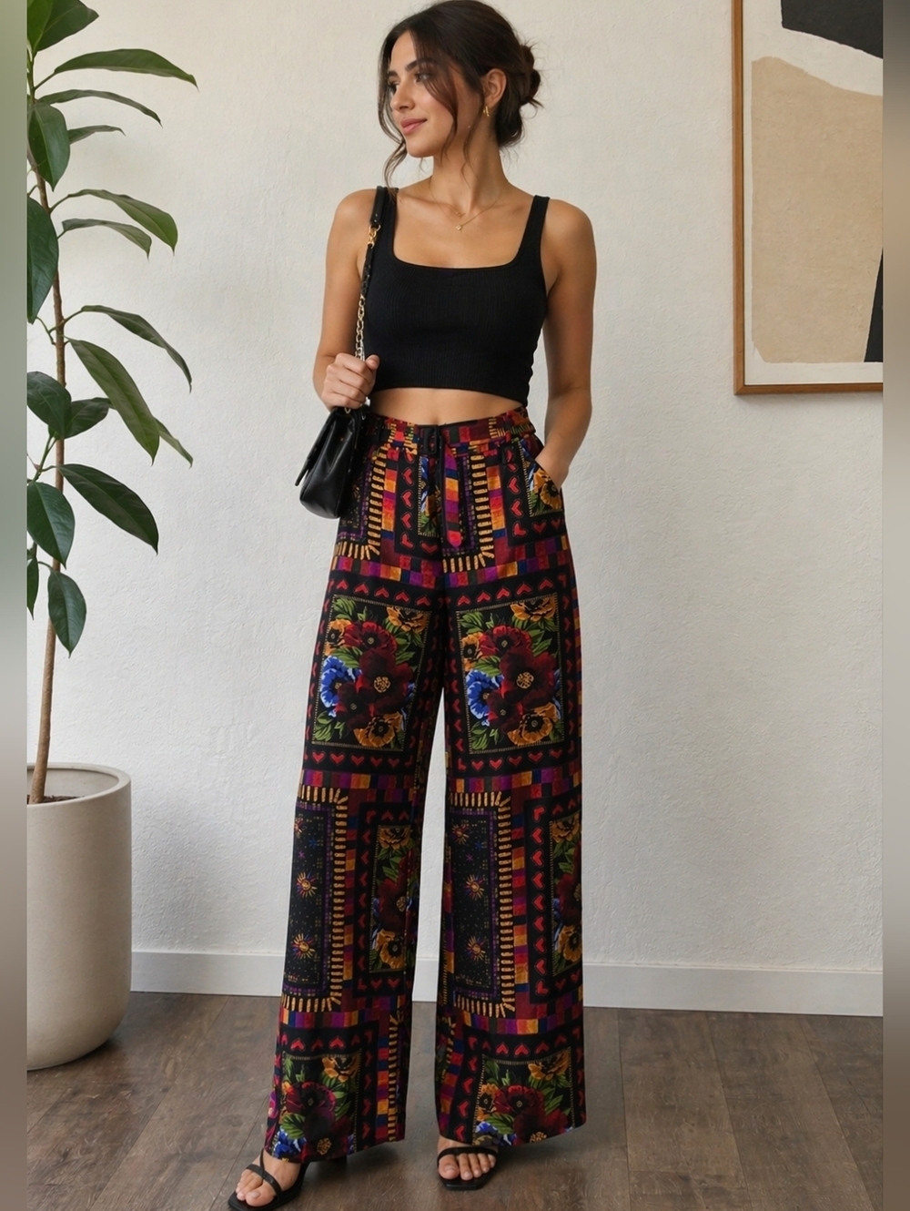 Joie Women Multicolor Patterned Wide Leg Pants w/ Belt Pull-on w/ Pockets Sz Med